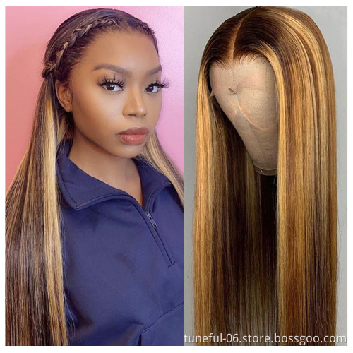 Natrual Black Blonde Highlights Wig Mix Color Deep Wave Curly Pre Plucked HD Transparent Lace Front Raw Virgin Human Hair Wigs